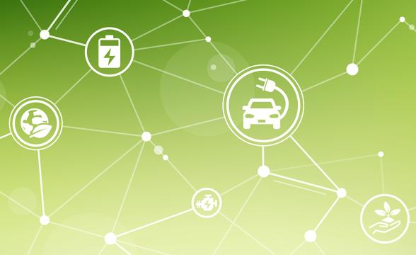 Darstellung eines Netzwerk mit Symbolen für Energie, Batterie und Elektromobilität